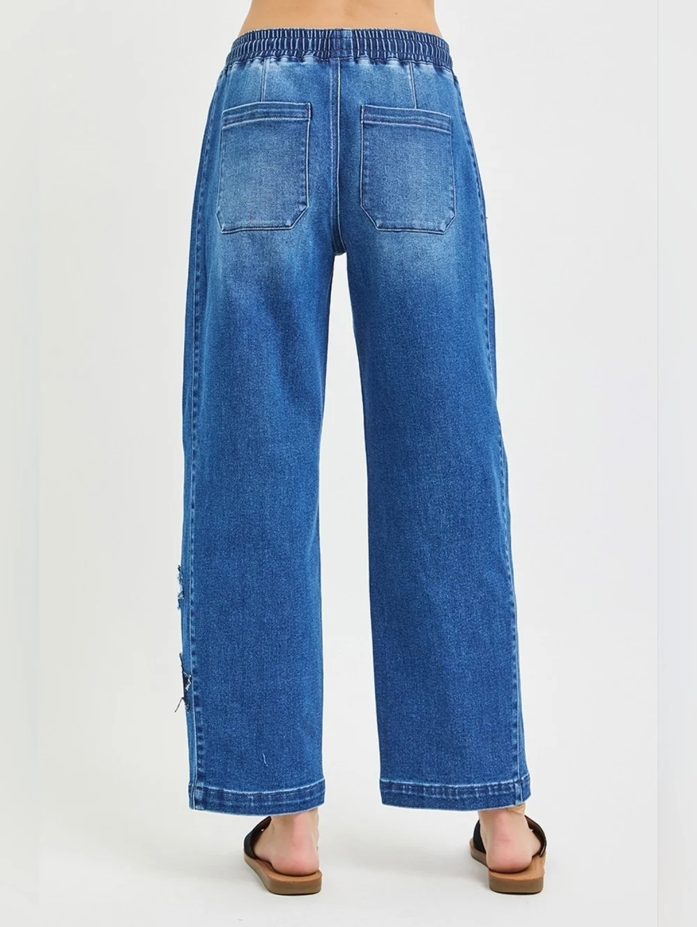 RISEN HR Dark Wash Slouchy Barrel Jeans Star Patch Elastic Waist Various NEW - Picture 6 of 7